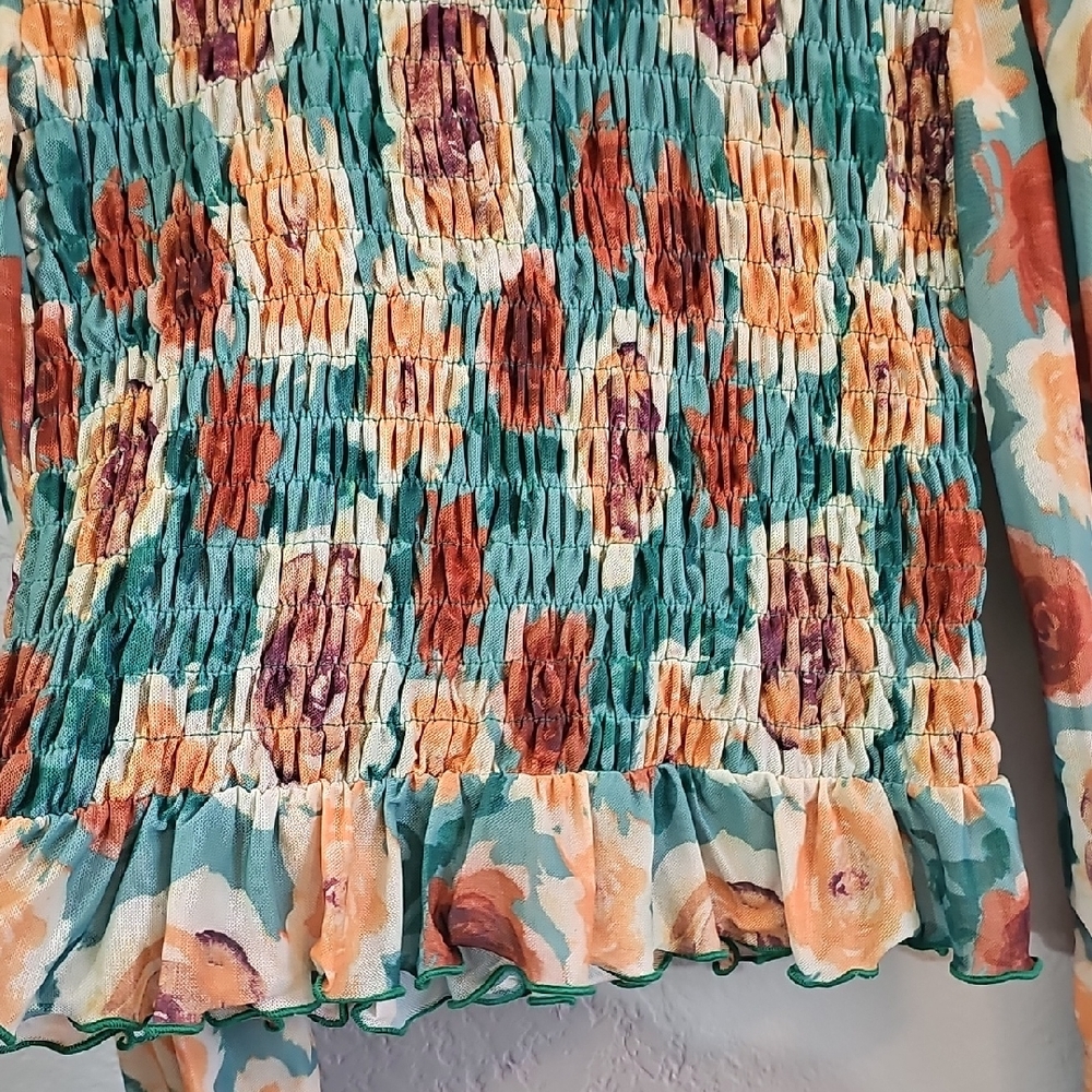 Promesa Floral Smocked Blouse With Ruffling Multicolor Womens Medium - Picture 3 of 7